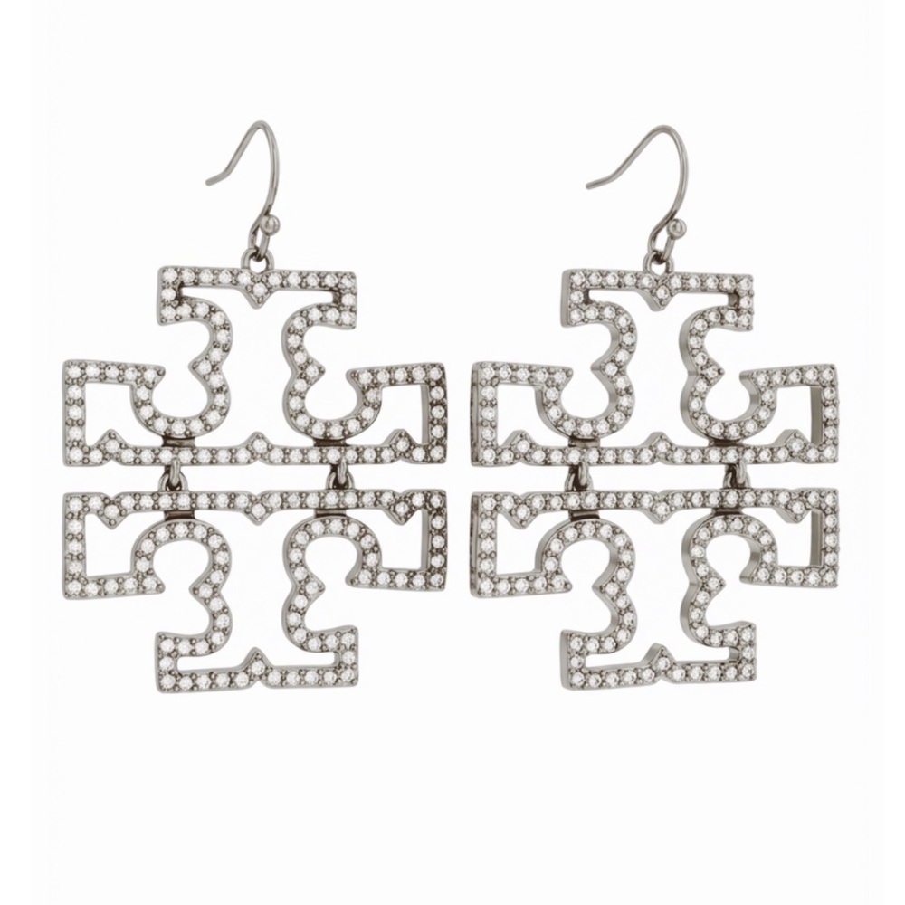 TORY BURCH • Silver Britten Crystal Logo Drop Earrings
